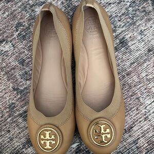 Tory Burch Camel Leather Flats with Gold Logo